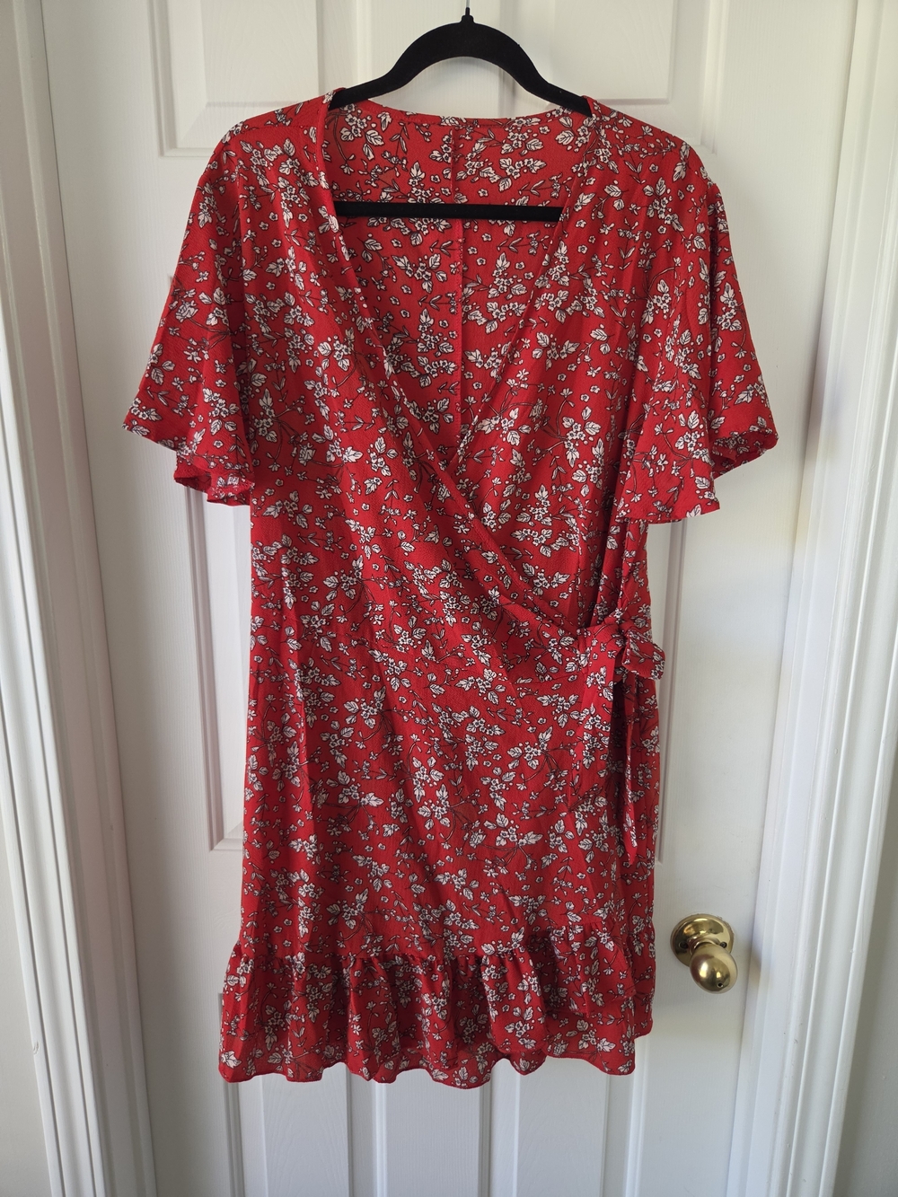 Red Floral Wrap Dress with Ruffle Hem